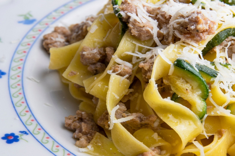 tagAlt.Handmade Tagliatelle with Italian Sausage Zucchini and Cherry Tomatoes