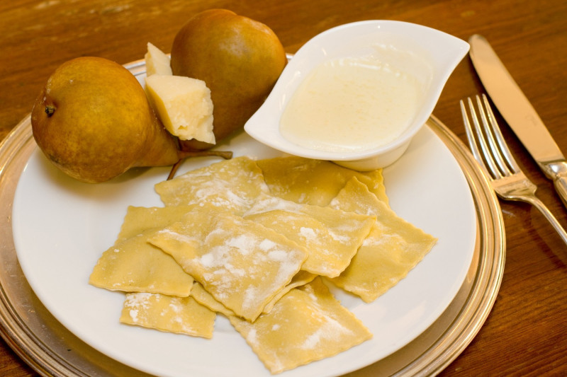 tagAlt.Pear and Pecorino filled Ravioli with Taleggio Cream