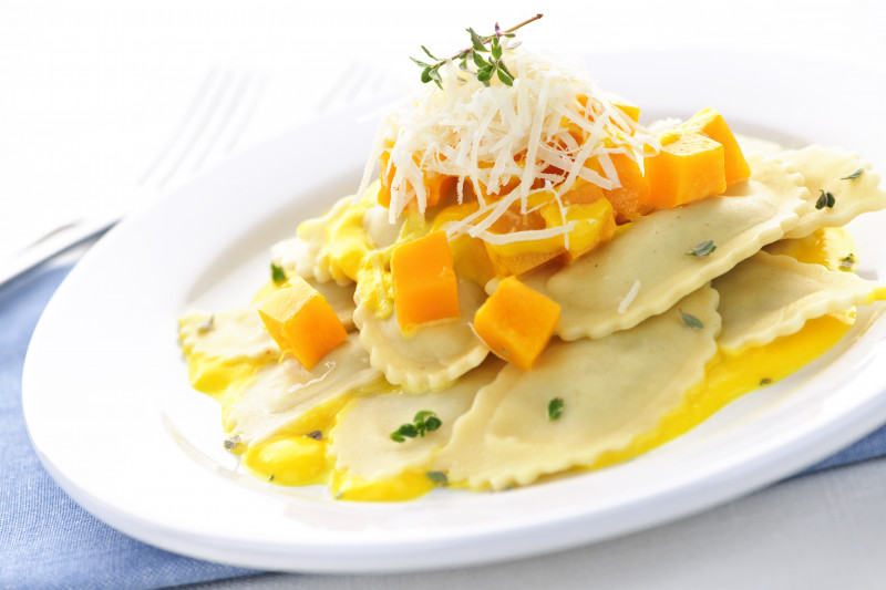 tagAlt.Sea Bass filled Ravioli with Pumpkin Sauce Crispy Leeks