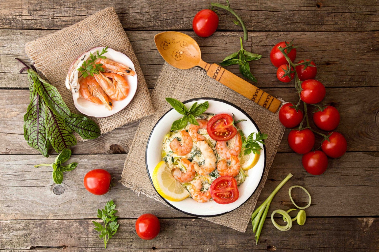 Char-Grilled Shrimp with Smoked Eggplant Purée and Creamy Tomato Sauce