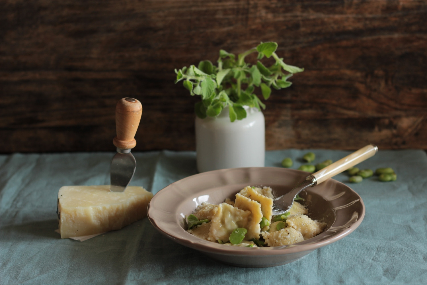 Tortelli Filled with Potato, Mint & Pecorino, Served with Fava Beans and Cherry Tomatoes