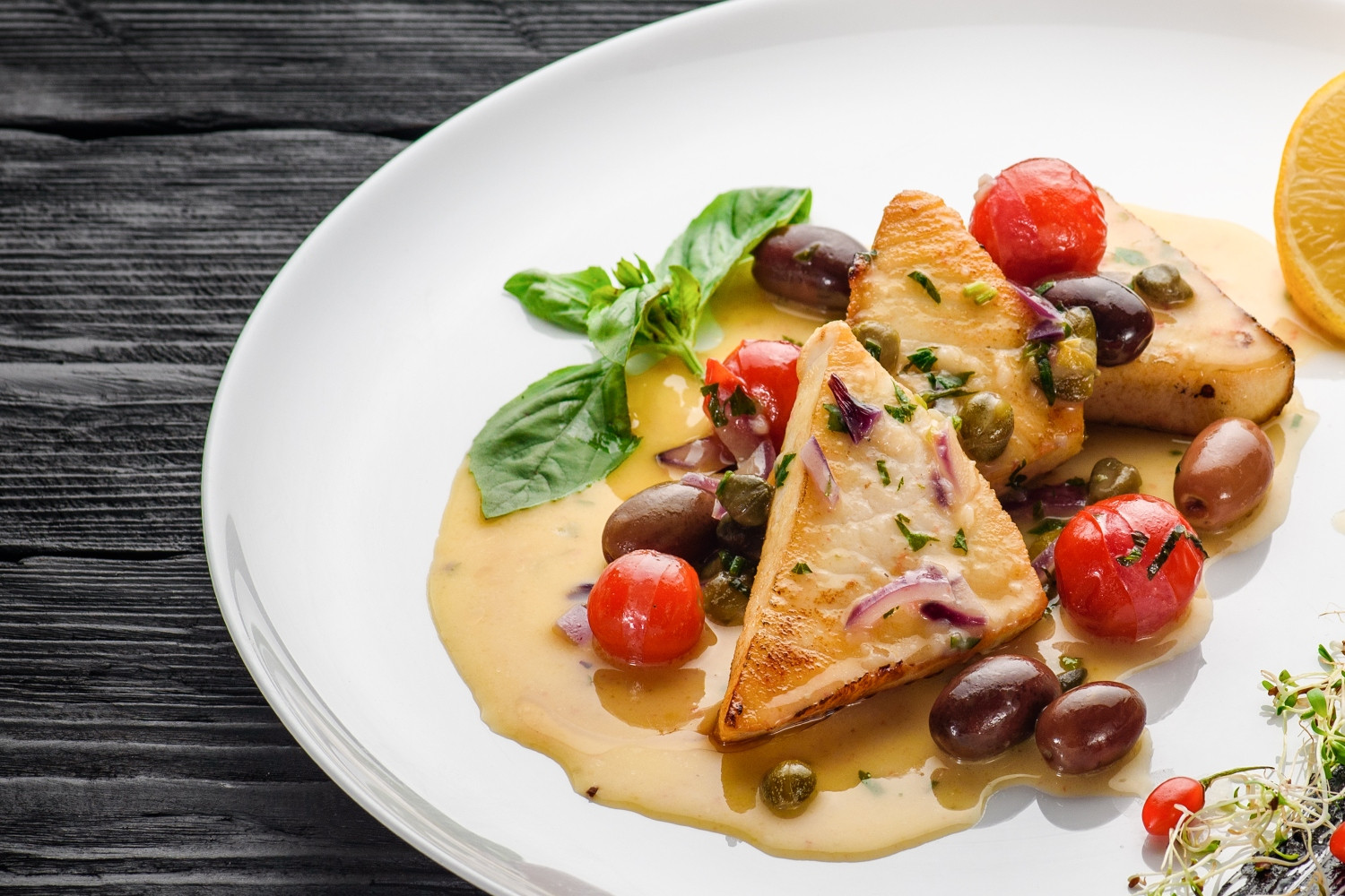 Grilled Swordfish with Mediterranean Herb Crust and Silky Sea Foam Cream