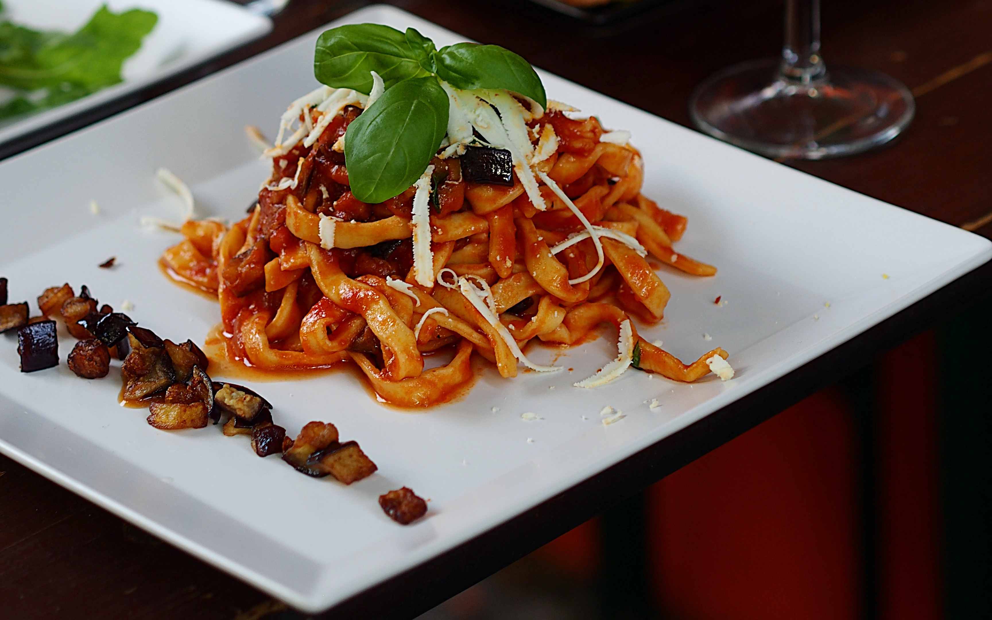 Tagliatelle alla Norma (Eggplant, Tomato and Salty Ricotta Sauce)